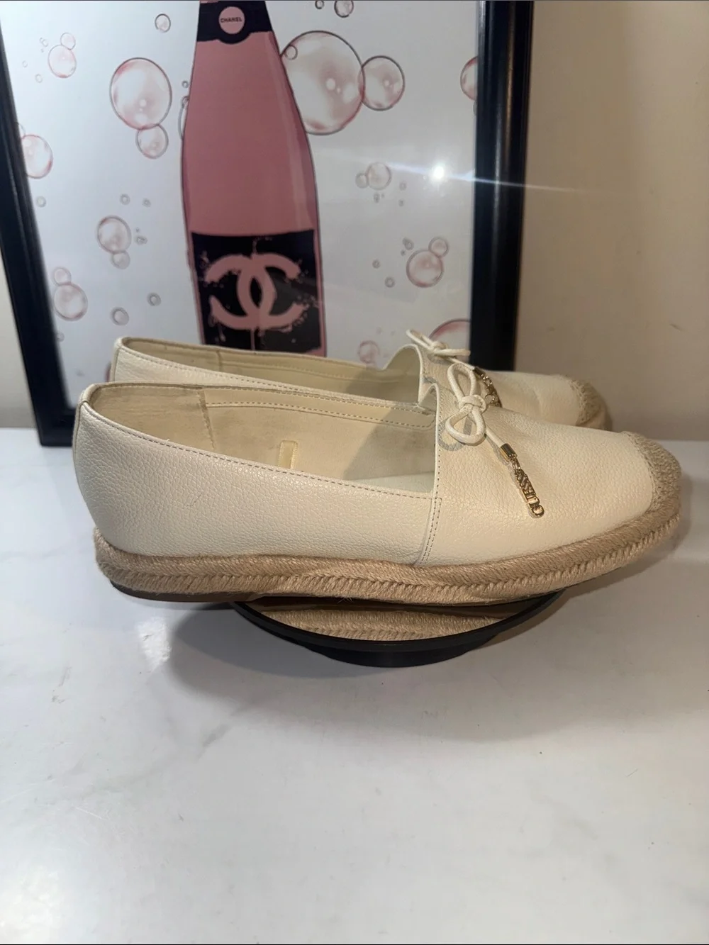 Guess Cream Leather Espadrille Loafers with Gold Guess Charm - Women’s Size 9.5M